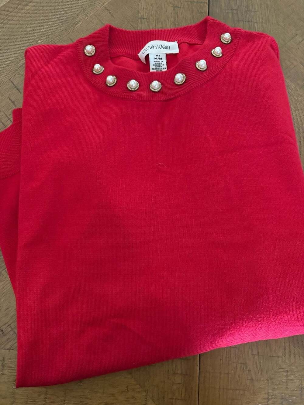 Calvin Klein Red Crew-Neck Sweater with Pearl and Rhinestone Neckline Embellishm